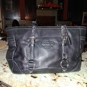 Coach Black Leather Tote F12343  with Silver Hardware Accents